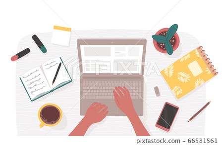 Top view of woman's arms typing on laptop at desk Top view of woman's arms typing on laptop at desk 66581561