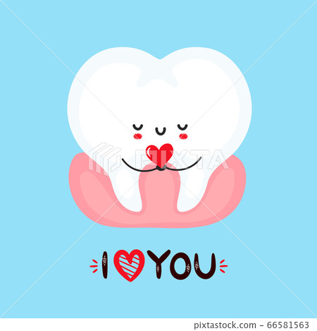 Cute smiling tooth holding heart in hands 66581563