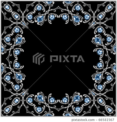 Vintage silver background with blue gems, square jewelry frame with ornamental border Vintage silver background with blue gems, square jewelry frame with ornamental border 66581567