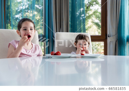 Cute children eating fresh ripe strawberries at home Cute children eating fresh ripe strawberries at home 66581835