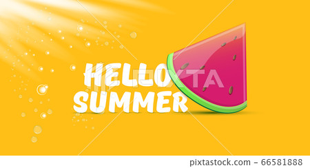 Vector Hello Summer Beach Party horizontal banner Design template with fresh watermelon slice isolated on orange background. Hello summer concept label or poster with fruit and typographic text. 66581888