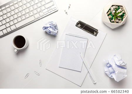 Workspace with blank clip board, keyboard, office Workspace with blank clip board, keyboard, office 66582340