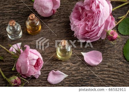 Bottles of essential oil with rose flowers Bottles of essential oil with rose flowers 66582911