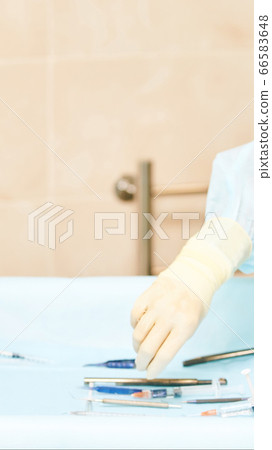 Ophthalmology laser microscope operation. Clinic room with doctor and parient. Gloves and medicine tools Ophthalmology laser microscope operation. Clinic room with doctor and parient. Gloves and medicine tools 66583648