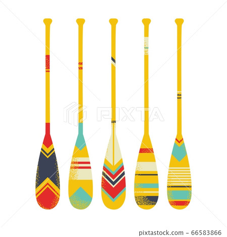 Colorful bright set of used canoe paddles . Colorful bright set of used canoe paddles . 66583866