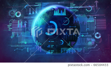 A planet surrounded by statistical infographic data. 66584433