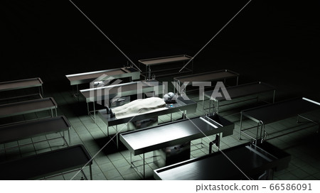 The dead alien in the morgue on the table. Futuristic autopsy concept. 3d rendering. 66586091