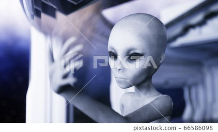 Alien in futuristic room. hand reaching out with Earth planet. UFO futuristic concept. 3d rendering. 66586098