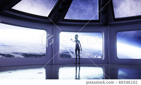 Alien in futuristic room. hand reaching out with Earth planet. UFO futuristic concept. 3d rendering. Alien in futuristic room. hand reaching out with Earth planet. UFO futuristic concept. 3d rendering. 66586102