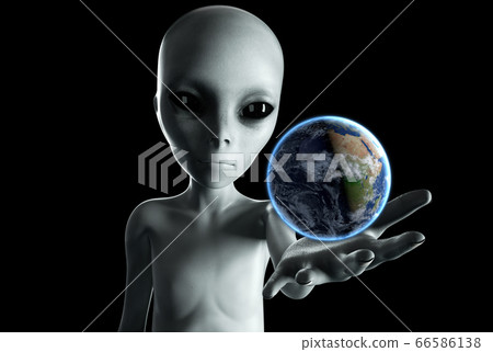 Alien hand reaching out with Earth planet. UFO futuristic concept. 3d rendering. 66586138