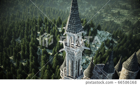 Old fairytale castle on the hill. aerial view. 3d rendering. 66586168