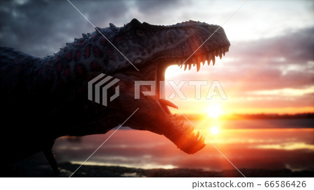 Dinosaur. Prehistoric period, rocky landscape. Wonderfull sunrise. 3d rendering. Dinosaur. Prehistoric period, rocky landscape. Wonderfull sunrise. 3d rendering. 66586426