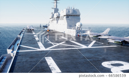 landing jet f16 on aircraft carrier in ocean. Military and war concept. 3d rendering. landing jet f16 on aircraft carrier in ocean. Military and war concept. 3d rendering. 66586539