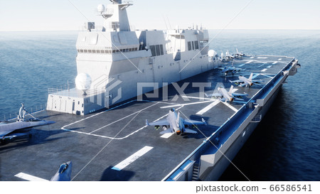 Aircraft carrier in sea, ocean with fighter. War and weapon concept. 3d rendering. Aircraft carrier in sea, ocean with fighter. War and weapon concept. 3d rendering. 66586541