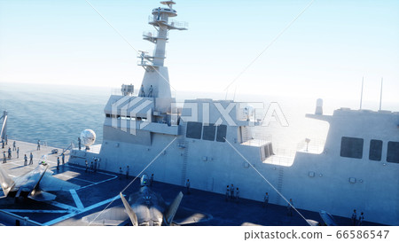Aircraft carrier in sea, ocean with fighter. War and weapon concept. 3d rendering. Aircraft carrier in sea, ocean with fighter. War and weapon concept. 3d rendering. 66586547