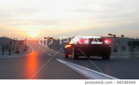 Black sport car on road, highway. Very fast driving. 3d rendering. Black sport car on road, highway. Very fast driving. 3d rendering. 66586806