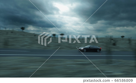 Black sport car on road, highway. Very fast driving. 3d rendering. 66586809
