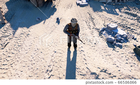 Man terrorist wearing a mask and holding a gun. East desert landscape. military headquarters, terrorist base. 3d rendering. 66586866
