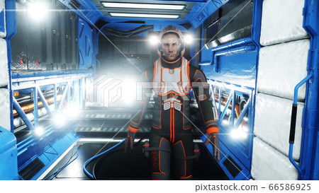 Astronaut walk in sci-fi interior. Martian. Sci -fi concept. 3d rendering. Astronaut walk in sci-fi interior. Martian. Sci -fi concept. 3d rendering. 66586925