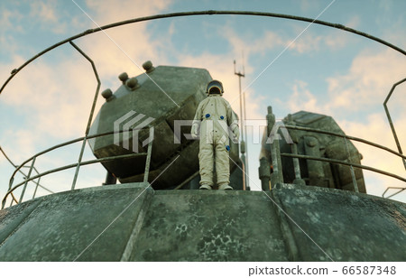 alone astronaut on alien planet. Martian on metal base. Future concept. 3d rendering. alone astronaut on alien planet. Martian on metal base. Future concept. 3d rendering. 66587348
