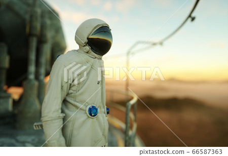 alone astronaut on alien planet. Martian on metal base. Future concept. 3d rendering. alone astronaut on alien planet. Martian on metal base. Future concept. 3d rendering. 66587363