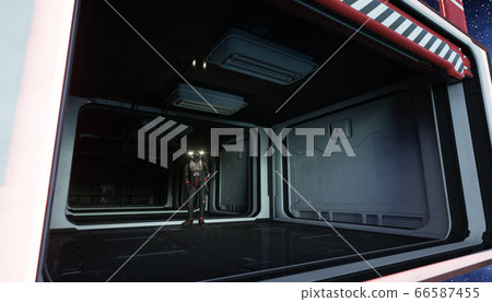 alone astronaut in space. Sci fi futuristic corridor. view of the earth. 3d rendering. 66587455