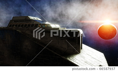 Futuristic space ship in . Earth planet wonderfull view. realistic metal surface . 3d rendering. 66587937
