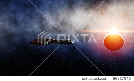 Futuristic space ship in . Earth planet wonderfull view. realistic metal surface . 3d rendering. 66587940