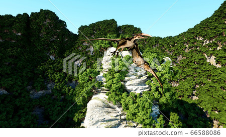 pterodactyl on rocky cliffs. prehistoric nature, dinosaurus. 3d rendering. 66588086