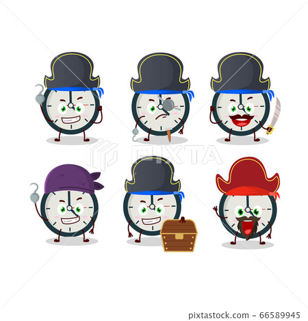 Cartoon character of clock with various pirates emoticons Cartoon character of clock with various pirates emoticons 66589945