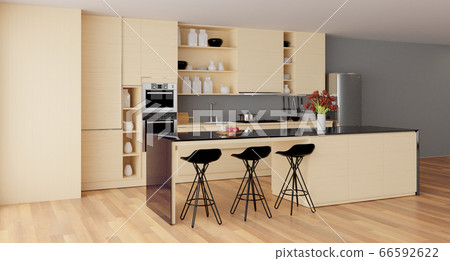3d rendering of a beige modern kitchen interior 66592622