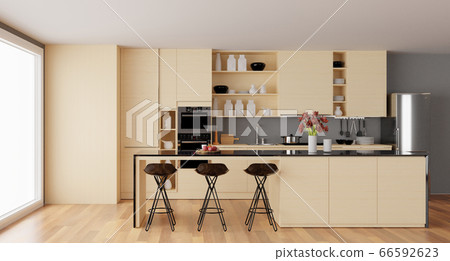 Interior of a beige modern kitchen with island 3d 66592623