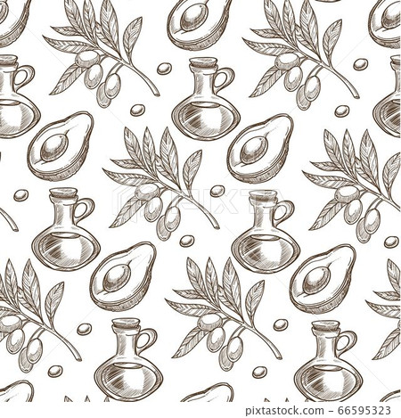 Avocado and sea buckthorn oils, natural components seamless pattern 66595323