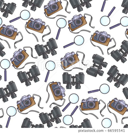 Camera, magnifying glass and binoculars spy kit seamless pattern Camera, magnifying glass and binoculars spy kit seamless pattern 66595541