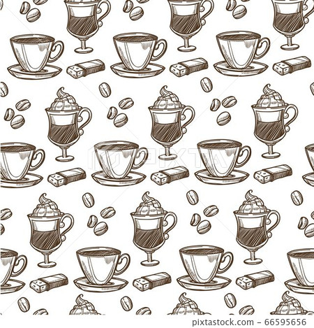 Coffee poured in cup, cappuccino and beans seamless pattern 66595656