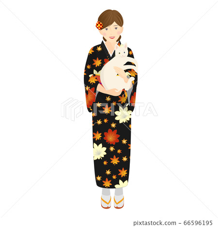 Front of autumn leaves, a woman in a yukata holding a white cat Front of autumn leaves, a woman in a yukata holding a white cat 66596195
