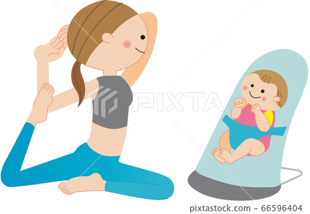 Woman doing yoga in pigeon pose, bouncer and baby Woman doing yoga in pigeon pose, bouncer and baby 66596404