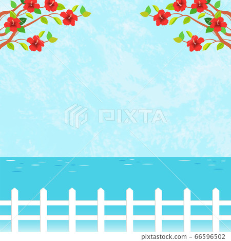 水彩風格藍色的天空和紅色的芙蓉花和海 66596502