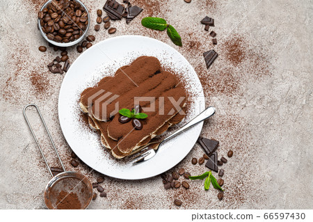Classic tiramisu dessert on ceramic plate on concrete background Classic tiramisu dessert on ceramic plate on concrete background 66597430