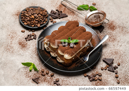Classic tiramisu dessert on ceramic plate on concrete background 66597449