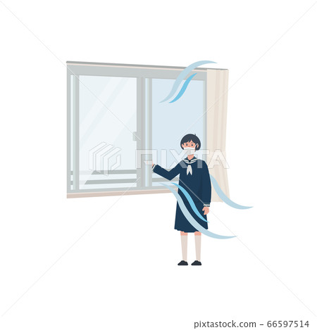 打開窗戶的女學生的插圖[通風，通風，教室，通風，換氣] 66597514