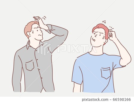 Young man confused and wonder about question. Uncertain with doubt, thinking with hand on head. Pensive concept. Hand drawn in thin line style, vector illustrations. Young man confused and wonder about question. Uncertain with doubt, thinking with hand on head. Pensive concept. Hand drawn in thin line style, vector illustrations. 66598166