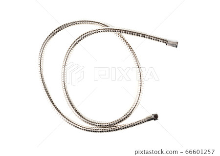 Top view. Corrugated stainless steel shower hose with connectors on a white background. Top view. Corrugated stainless steel shower hose with connectors on a white background. 66601257