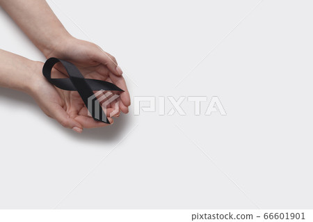 Black awareness ribbon in hands on white background Black awareness ribbon in hands on white background 66601901