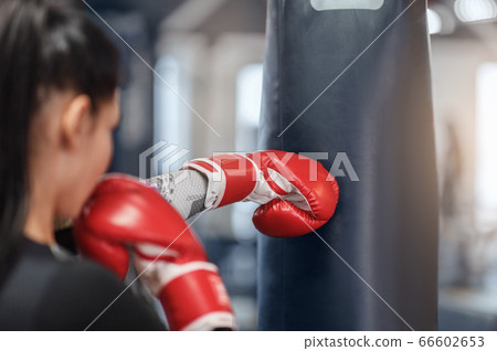 Female boxer in gloves hitting big punching ball during self defence class at gym, empty space Female boxer in gloves hitting big punching ball during self defence class at gym, empty space 66602653