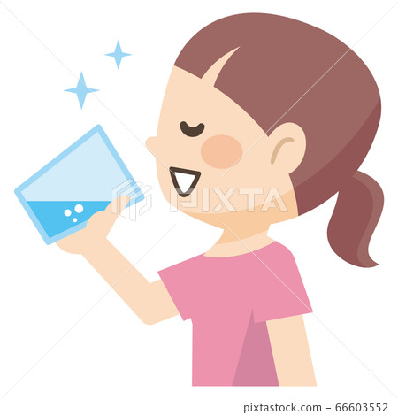 Illustration of a young woman drinking a glass of water 66603552