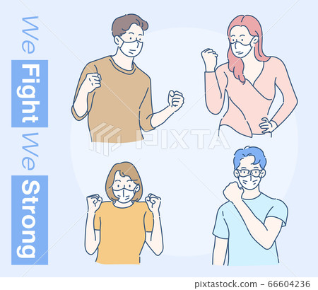 Cheerful man and women are wearing face mask, they raised his fist with confidence. Hand drawn in thin line style, vector illustration. (A Mask can be removable) 66604236