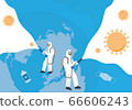 Coronavirus protection. Disinfectant concept. Vector graphic with space for text. People in virus protective suits and mask 66606243