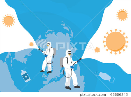 Coronavirus protection. Disinfectant concept. Vector graphic with space for text. People in virus protective suits and mask 66606243