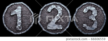 Set of numbers 1, 2, 3 made of forged metal in the center of coin isolated on white background. 3d Set of numbers 1, 2, 3 made of forged metal in the center of coin isolated on white background. 3d 66606559
